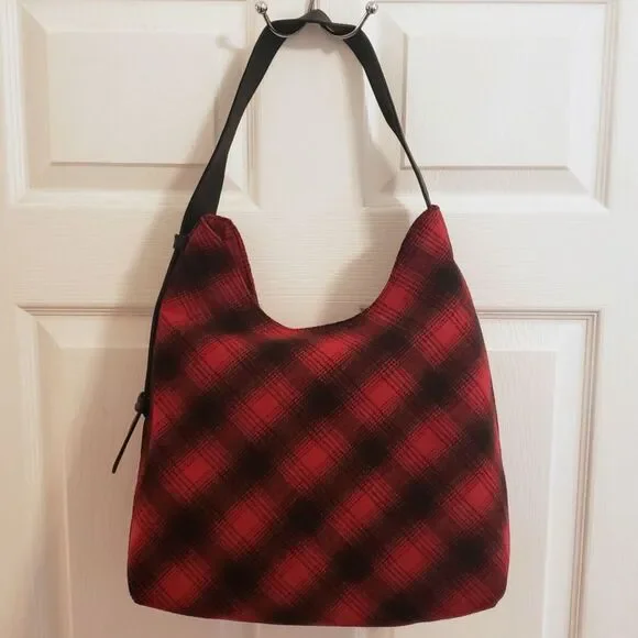 j. jill Hobo Bag Red & Black Buffalo Plaid Wool Blend Leather Strap - Picture 2 of 8